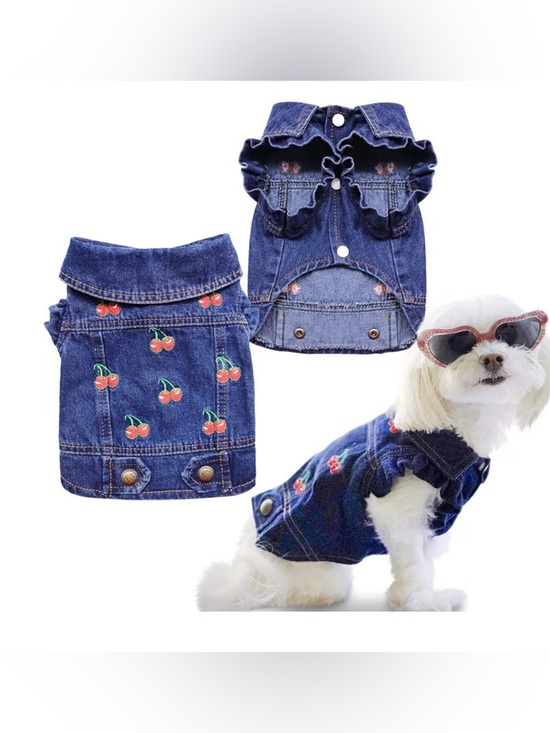 Other - Embroidered Cherry Denim Dog Jacket - Dark Blue